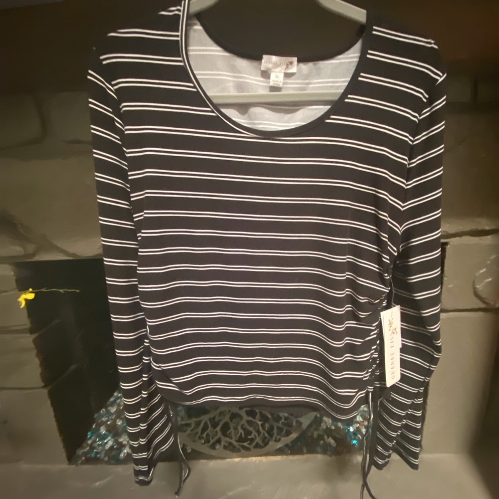 Waist-length, long-sleeve, scoop neck, black/white striped top.
